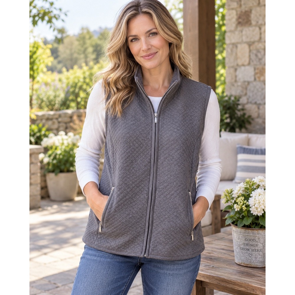 Karen Scott Sport Woman 2X Gray Quilted Zip Up Vest Cotton Mock Neck Pockets